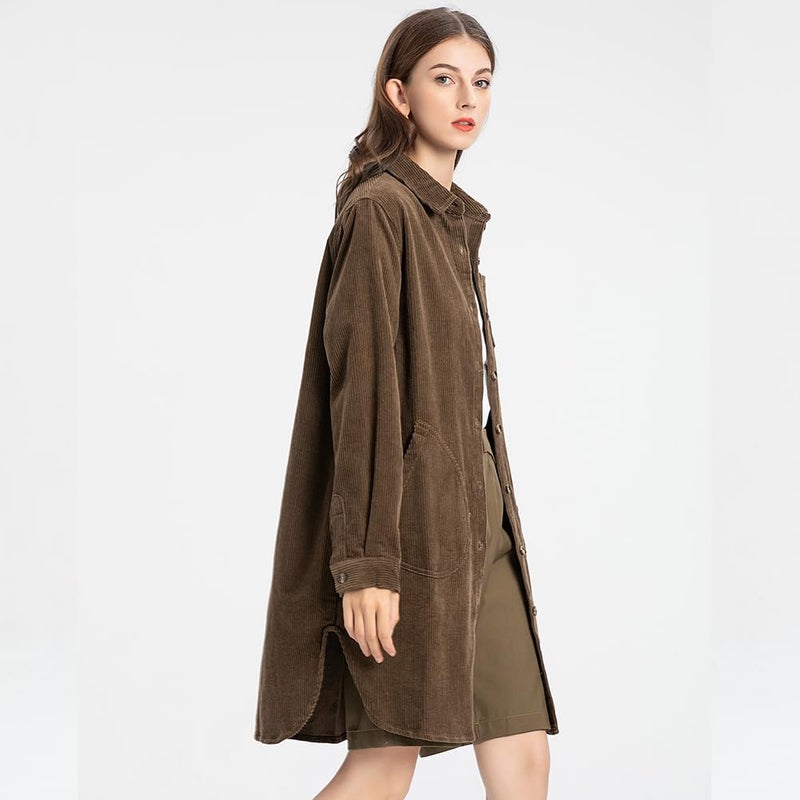 Minibee Women's Corduroy Shirt Coats Long Sleeve Button Down Blouses Tops with Pockets Coffee XXL - Image 3